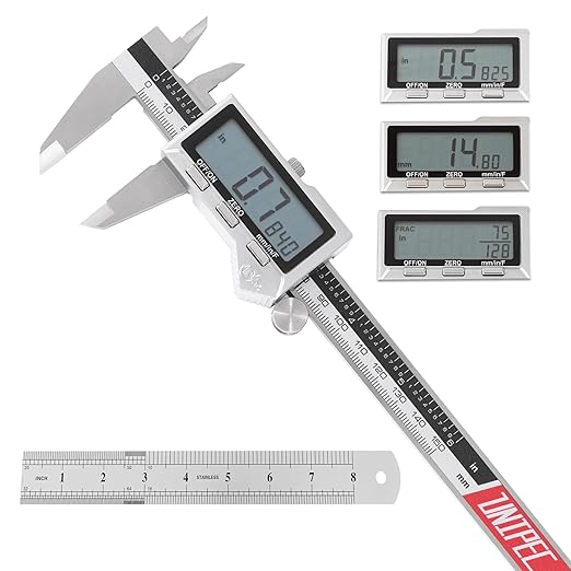 6 Inch/ 150mm IP54 Grade Stainless Steel Digital Caliper & Stainless Steel Rule, Inch/Millimeter/Fraction Conversion, IP 54 Splash Proof Protection Design, Large LCD Screen