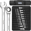 XJX 24PCS Ratcheting Combination Wrench Set | SAE & Metric | 12 Point | 1/4”to 7/8” and 8-19mm | CR-V Steel | Ratchet Wrenches Set with Portable Roll-Up Pouch