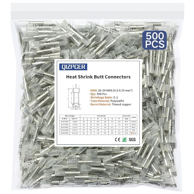 Heat Shrink Butt Connectors, 26-24 AWG Marine Grade Insulated Crimp Wire Connectors, Waterproof Electrical Connectors Butt Splice for Boat Truck Wiring