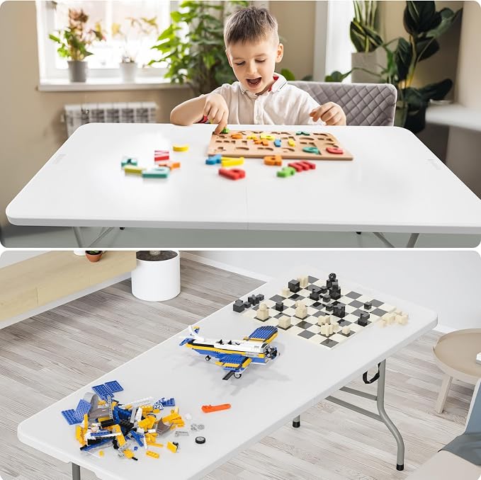 Bonnlo Folding Table 6ft, Portable Collapsible Plastic White Long Tables - Image 5