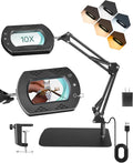10X Square Magnifying Glass with Light and Stand, 2-in-1 LED Lighted Desk Lamp & Clamp, 5 Color Modes Stepless Dimmable, Hands-Free Magnifier Desk Lamp for Reading Craft Close Work B01DL05