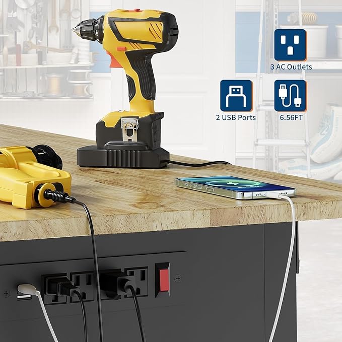 Adjustable Heavy Duty Wood Top Tool Bench Work Bench, 48'' Workbench with Power Outlet, 2000 Lbs Load Capacity Rolling Work Table with Wheels for Home Office Workshop Garage