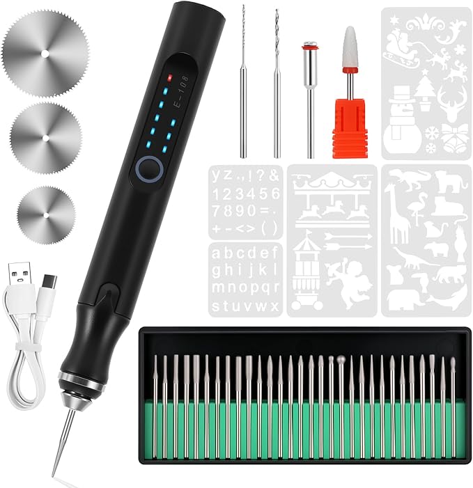 Electric Engraving Pen with 37 Bits, USB Rechargeable Cordless Etching Engraving Tool, Portable DIY Rotary Engraver for Jewelry Wood Glass Stone Carving (Black)