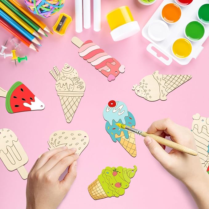 80PCS Wooden Ice Cream Cutouts Ornaments to Paint, Summer Decorations 8 Styles - Image 2
