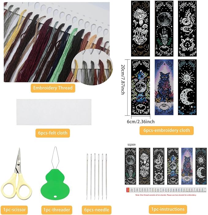 NEGEKFKX 6 Pcs Magical Witchy Cross Stitch Bookmark Kit - Image 2