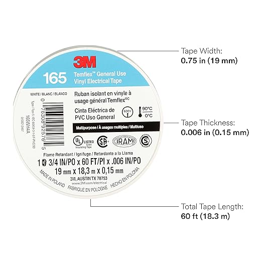 3M Temflex Multi-Purpose Vinyl Electrical Tape 165, White, 3/4 in x 60 ft (19 mm x 18 m), 10 Roll Pack