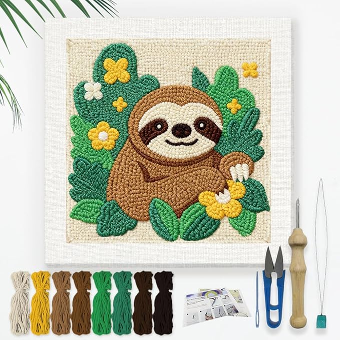 Doodlream Cartoon Sloth Leaves DIY Punch Needle Embroidery Kit by Doodlream