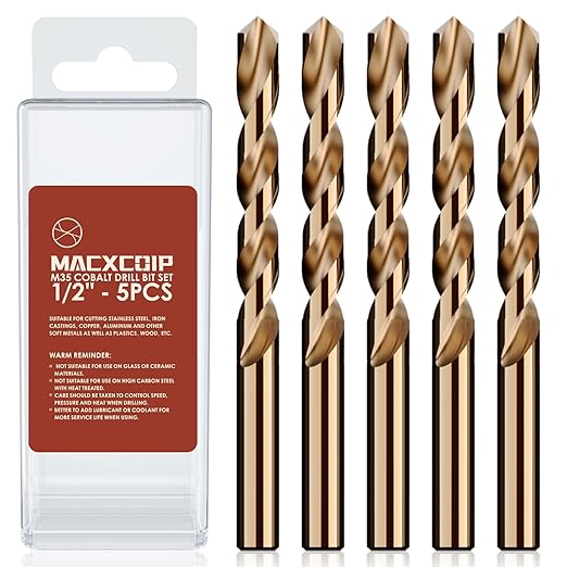 1/2" (5pcs) Cobalt Drill Bit Set, M35 High Speed Steel Jobber Length Drill Bit Kit for Hardened Metal, Stainless Steel, Cast Iron, Wood and Plastic, with Index Storage Case