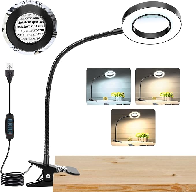 10X Magnifying Glass with Light, Clip on Mganifier with Light, 48 LED Desk by NZQXJXZ