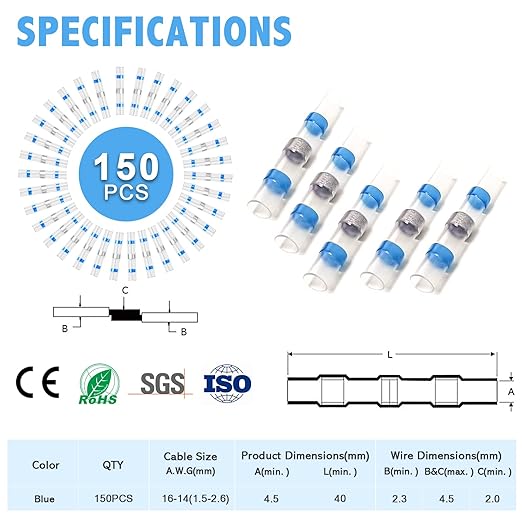 Kuject 150PCS Solder Seal Wire Connectors AWG 16-14, Blue Solder Seal Heat Shrink Butt Connectors Terminals Sleeve Waterproof Wire Splice Connector for Marine Boat Wire Joint