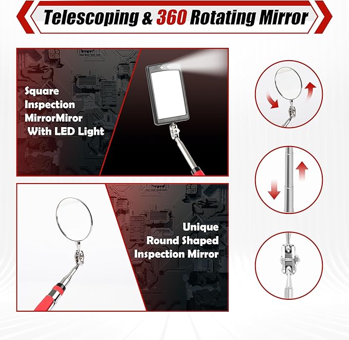 TOOLEAGUE 7Pcs Telescoping Magnetic Pickup Tool Set, Extendable LED Flashlight,Round & Square 360° Inspection Mirror for Men Mechanics, and Handymen, Red