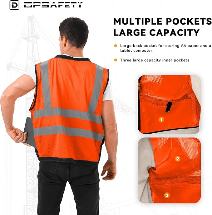 Reflective Safety vest With back plan pocket,High visibility Class 2 Heavy Duty Surveyor Vest with Zipper,Hi Vis Vest ANSI/ISEA Standard, Construction Work Vest for Men＆Women(Orange,2XL)