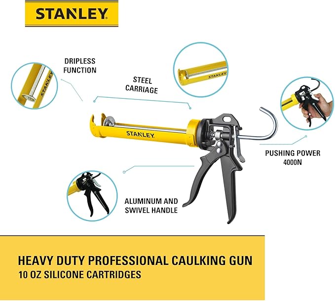 Stanley Professional Caulking Gun - 10 Oz Silicone Sealant Gun with 4000N Pushing Power, Caulk Gun No Drip Function, Steel Carriage & Aluminum Swivel Handle Sealant Gun | 25:1 Thrust Ratio, 1 Pack