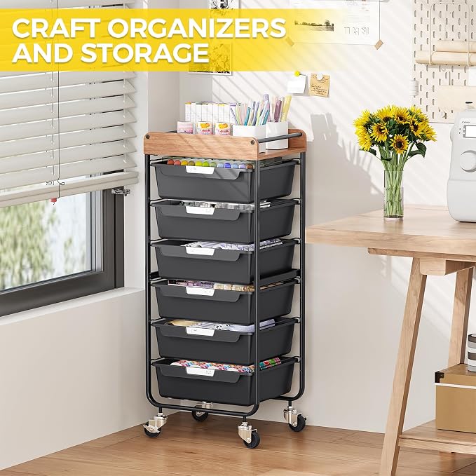 SYKIARIOL Utility Cart with 6 Labeling Drawers and Wooden Tabletop – Rolling - Image 6