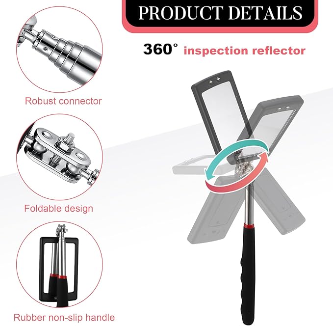 6 Pcs LED Telescoping Inspection Mirror,Retractable LED Mechanical Mirror Tool,Under Vehicle Inspection Mirror,Car Visual Reflector,Retractable Under Vehicle Detection Mirror Repair Tool