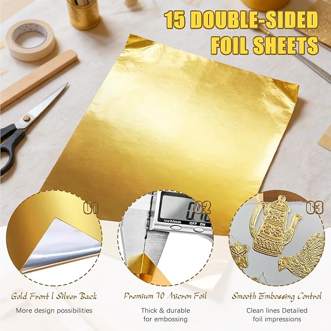 JarThenaAMCS 28Pcs Foil Paper Craft Making Kits Gold Metal Embossing Foil Sheets - Image 2