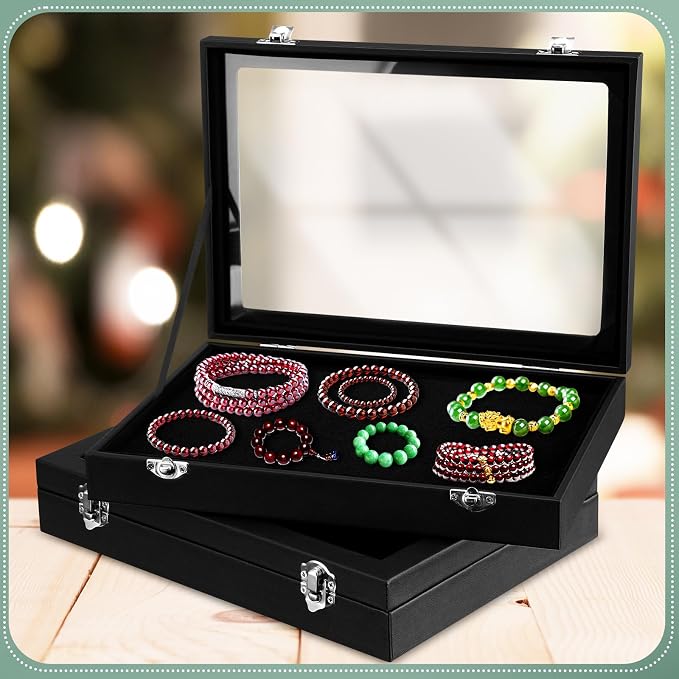 Huquary 3 Pcs Wooden Jewelry Box Glass Top Display Cases - Image 5