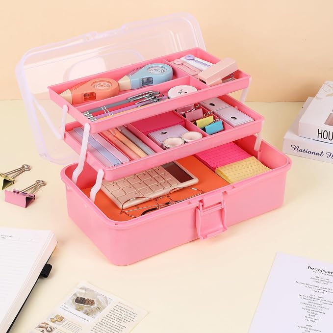 Pink Tackle Box, Craft Organizers and Storage 3-Layer Portable Folding Toolbox - Image 5