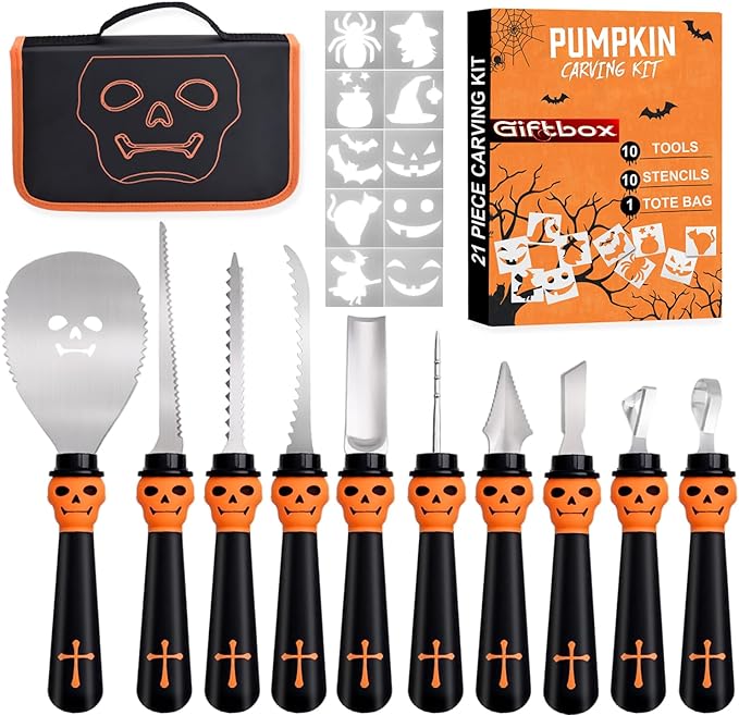 21 Pieces Comfort Grip Pumpkin Carving Kit with Gift Box and Carrying Case Heavy Duty Stainless Steel Pumpkin Carver Tools Pumpkin Sculpting Set and 10 Stencils for Halloween Jack-O-Lanterns (BLACK)