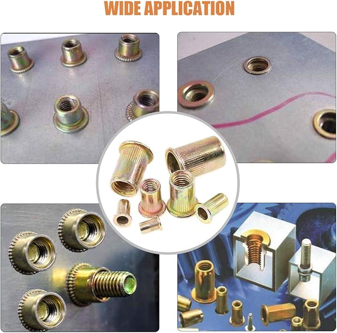 Keadic 220Pcs Metric Zinc Plated Carbon Steel Rivet Nut Flat Head Threaded Insert Nutsert Assortment Kit - 7 Sizes：M3 M4 M5 M6 M8 M10 M12