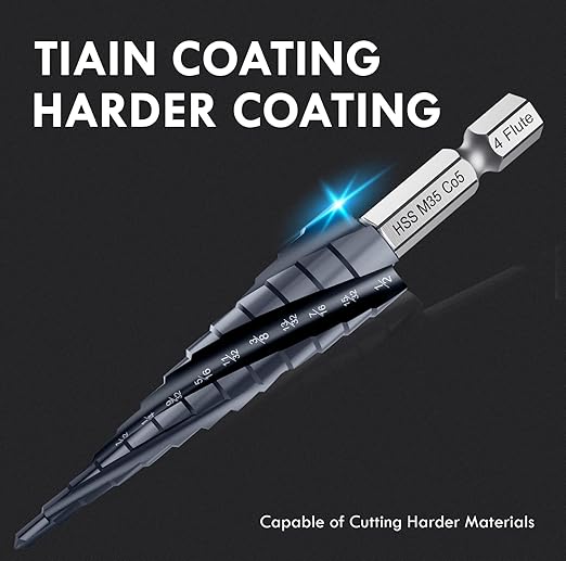 Four Sprial Flute M35 Cobalt Step Drill Bit, 1/8"-1/2" Ultra TiAIN Coated Unibit Step Bit, 1/4" Hex Shank Drill Bit for Metal, Stainless Steel, Aluminum, Copper, Wood, PVC