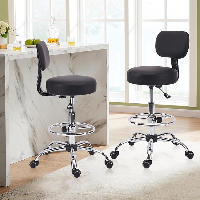 Drafting Stool Chair with Back, Adjustable Foot Rest Backrest Swivel Rolling Stool, Multi-Purpose Office Desk Chair, Thickened Seat for Home Bar Spa Kitchen Shop 2pack