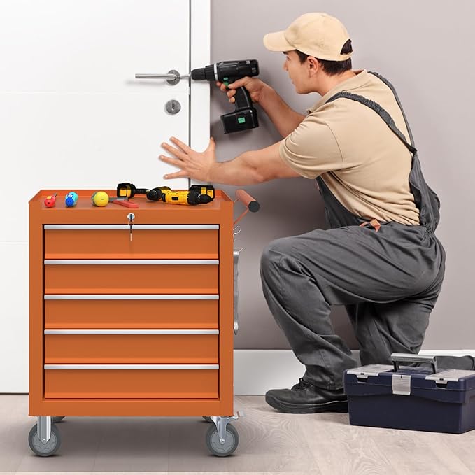 5-Drawer Rolling Tool Box, Metal Tool Chest with Wheels and Locking, Portable for Warehouse, Garage, Repair Shop, Workshop (Orange, 5-Drawer)