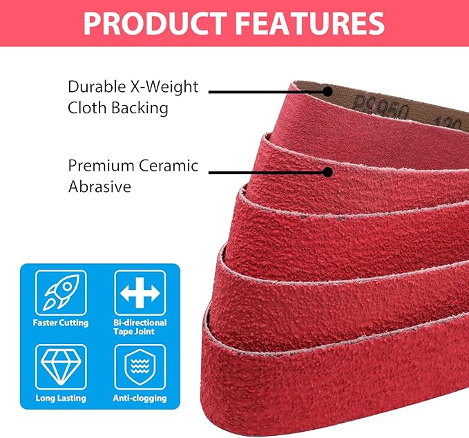 2 x 42 Inch Ceramic Sanding Belts, 2x42 Metal Grinding Belts, 36/40/60/80/120 Grits Sander Belt for Knife Sharpening, 5 Pack