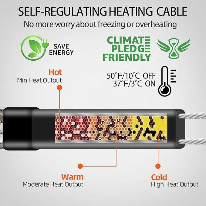 Superior Water Pipe Heat Cable for Pipe Freeze Protection, Self-Regulating Pipe Heating Cable for Metal And Plastic Home Pipes, Energy-Saving Heat Trace Cable Keeps Water Flowing, 30Ft, 120V