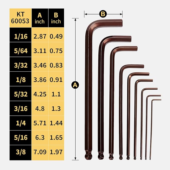 SAE Hex Key Set Ball End Long Arm S2 – 9PCS SAE Allen Wrenches, S2 Alloy Steel, 1/16–3/8 Inch, 6.7in, Bronze Finish, for US Standard Screws, Furniture, Bike Repairs
