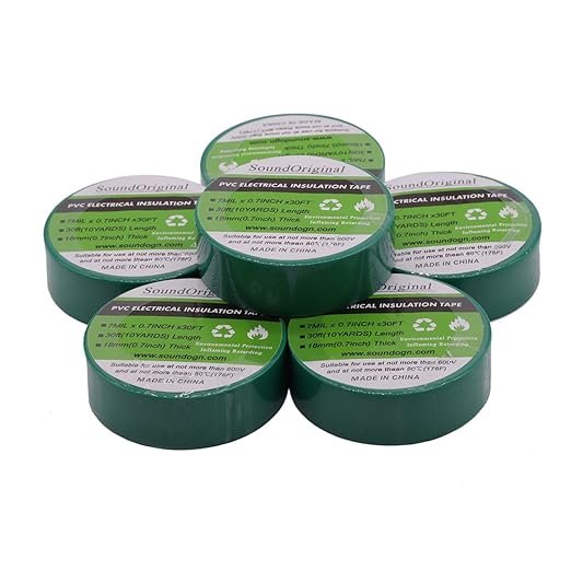 Electrical Tape Green 6 Pack 3/4-Inch by 30 Feet, Voltage Level 600V Dustproof, Adhesive for General Home Vehicle Auto Car Power Circuit Wiring Green