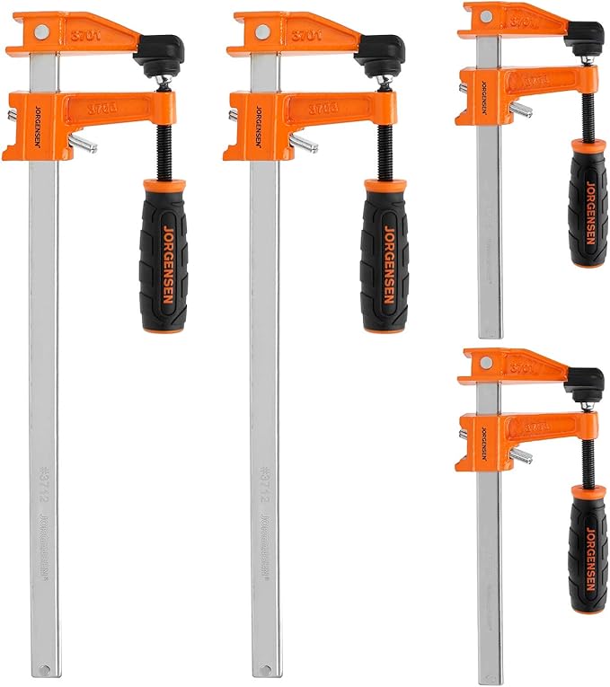 JORGENSEN 4-pack Steel Bar Clamps Set, 6-inch (2) & 12-inch (2) Medium Duty F-Clamp, 600 Lbs Load Limit, for Woodworking