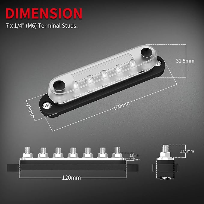 DAIERTEK Battery Bus Bar 12V Marine 7 x 1/4" (M6) Power Distribution Block with Cover 12V - 48V Positive & Negative Busbar Terminal Block for Automotive Car Boat