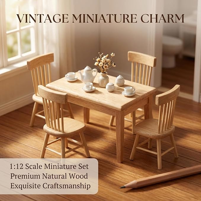 Z MAYABBO Wooden Dollhouse Furniture of Table & Chair, Miniature Dollhouse - Image 6