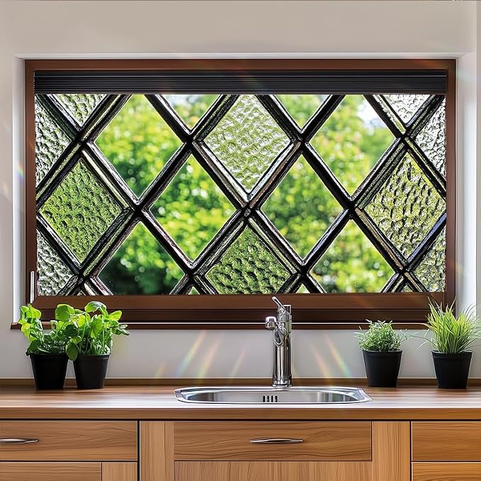 Diamond Grid Privacy Window Film 17.71x39.97 Inch Textured Green Glass Look - Image 7