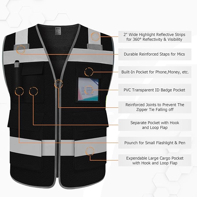TCCFCCT Mesh Hi Vis Vest 5 Pockets High Visibility Work Vest with Reflective Strips, Meets ANSI/ISEA Standards, Black, M