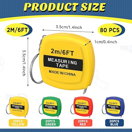 Macarrie 80 Pcs Small Tape Measure Keychains 6 ft/ 2 m Mini Retractable Measuring Tape Bulk with Slide Lock Construction Party Favors for School Prize Bag Filler DIY Projects Office Home Use, 4 Colors