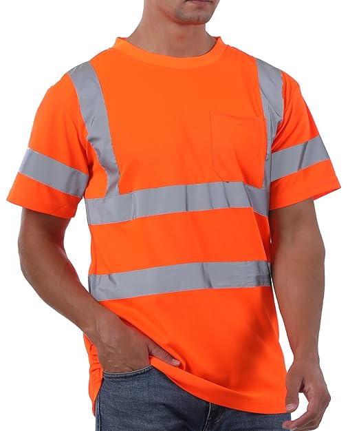High Visibility Shirts for Men Class 3 Hi Vis Reflective Construction Shirts for Men with Pocket Safety T Shirt for Mens Work Shirt for Mens Short Sleeve