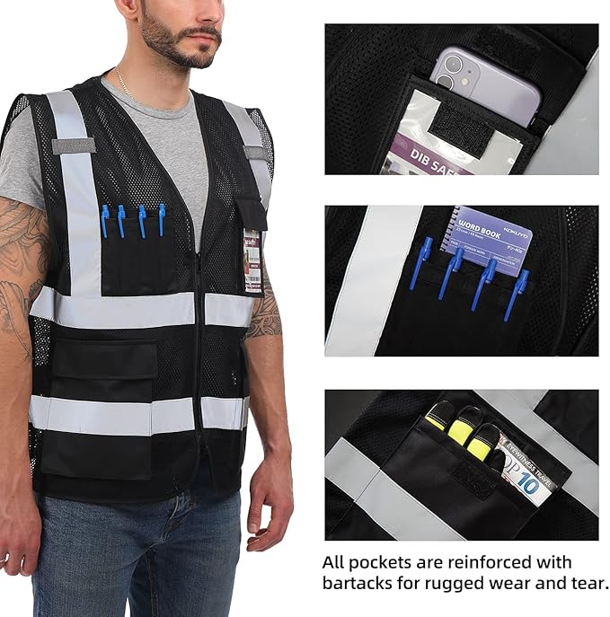 Dib Safety Reflective Mesh Vest High Visibility with Pockets and Zipper, Black Mesh XL