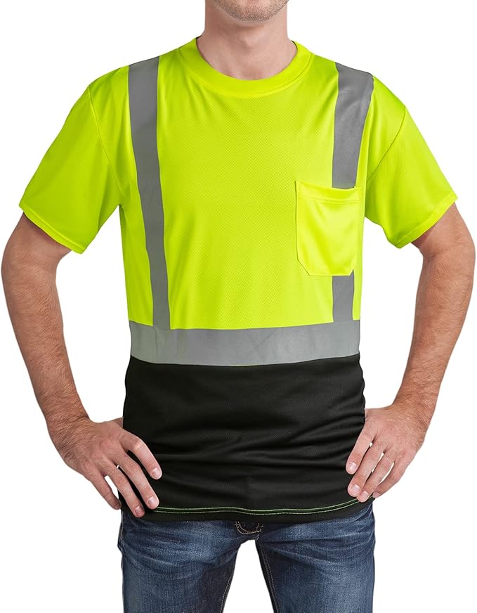 High Visibility Shirts Quick Dry Safety T Shirts with Reflective Strips and Pocket Short Sleeve Mesh Hi Vis Construction Work Class 2 Shirt for Men/Women Black Bottom Lime,3XL