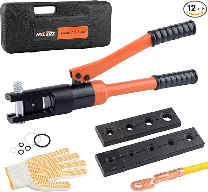 HZLZRZ Hydraulic Crimping Tool 12 Tons, Range 8AWG-4/0AWG(250MCM), Hydraulic Cable Lug Crimper with Standard US 9 Pairs of Dies for Wire Battery Cable Terminal Crimping Tool