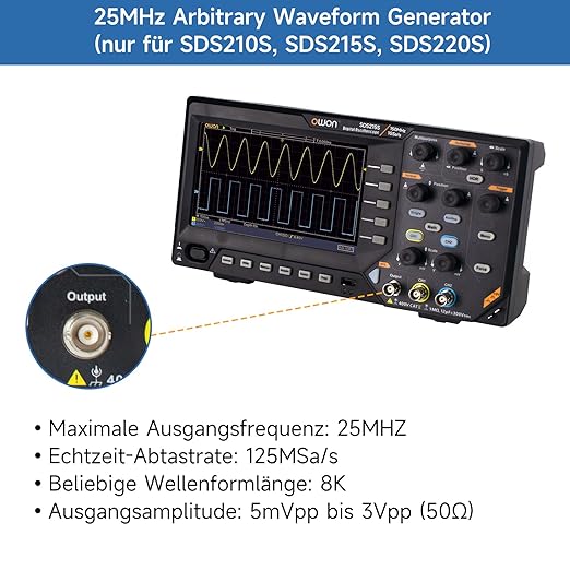 OWON Digital Oscilloscope with Dual-Channel Channels and Screen 7 inch, TFT-LCD Display, Portable Oscilloscope with 1GS/s Sampling Rate, Bandwidth 150MH,8K Waveform Length,SDS215S