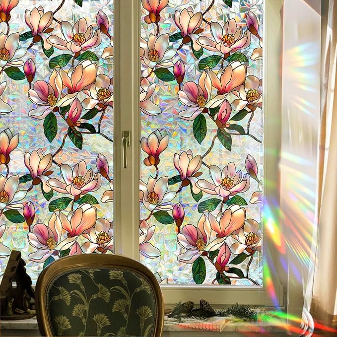 Retro Magnolia Flowers Window Privacy Film, Stained Glass Decals Colorful - Image 3