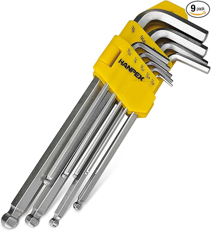 Long Arm Hex Key Allen Wrench Set with Ball End, Ball-End Hex Allen Key, Allen Wrench Set Chrome Vanadium Steel(Cr-V), Tamperproof TORX L- Key Set (9Pc Imperial)
