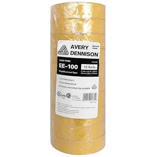 Avery Dennison Electrical Tape, 10 Rolls General Use PVC Electric Tape, UL/CSA Listed ¾ in x 66 ft Insulating Vinyl Tape for Electrical, Repairs, Automotive and Equipment, EE-100, Yellow