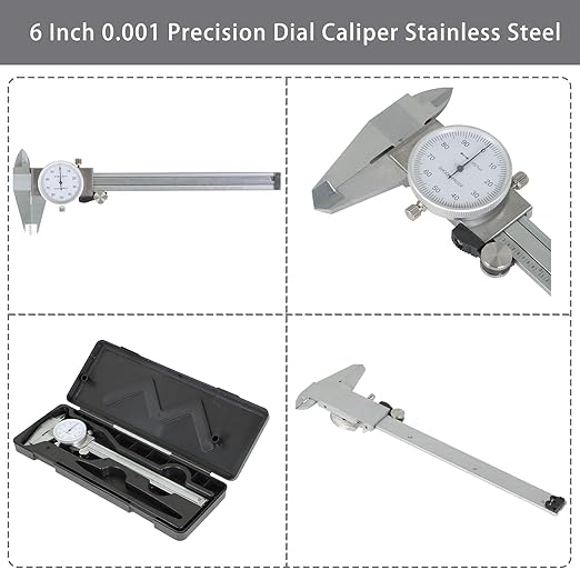 6 Inch 0.001 Precision Dial Caliper Stainless Steel Shockproof 4-Way Measurement with Plastic Case, Good Caliper Measuring Tool