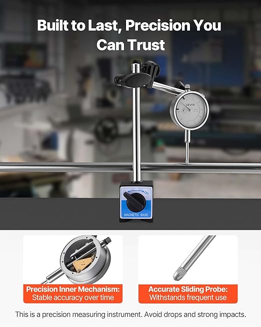 VEVOR Dial Test Indicator, 0.001 inch Accuracy, 0-1 inch Measuring Range, Easy to Read Large Dial, Professional for Internal Diameter Measurement, Runout Detection, Flatness Inspection