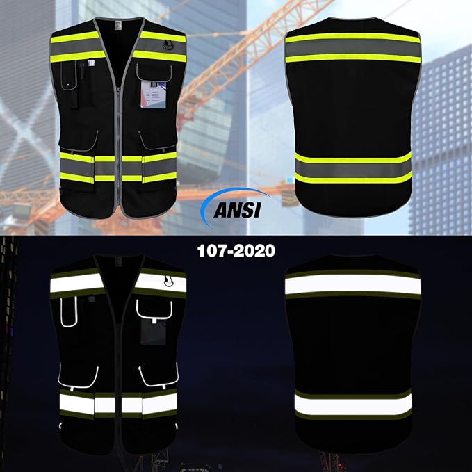 TCCFCCT Work Vest for Men Women 9 Pockets High Visibility Safety Vest with Fluorescent Yellow Extend Edge, Hi Vis Reflective Vest for Workers, Surveyors, Meets ANSI/ISEA, (DB-Black, 4X-Large)