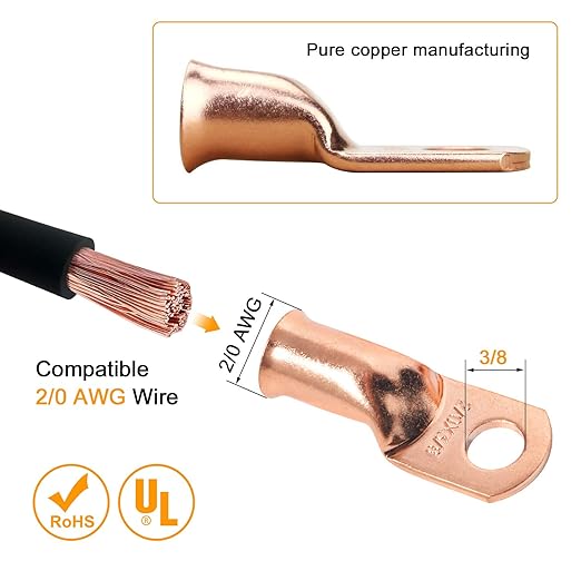 2/0 AWG Battery Lugs 00 Gauge Copper Lugs 2/0 AWG 3/8" & 5/16" Ring Terminals Cable Lugs, 00 AWG Bare Copper Lugs Kit 8 PCS 00 Gauge Wire Lugs + 8PCS 3:1 Heat Shrinks + Hex Nuts + Flat Washers