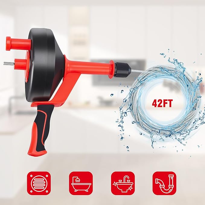 Drain Auger 42ft Heavy-Duty Plumbing Snake for Bathroom, Shower,Sink, Bathtub & Toilet Clogs - Extra-Long Flexible Drain Snake, Hair Clog Remover for Kitchen Sink and Sewer Pipe